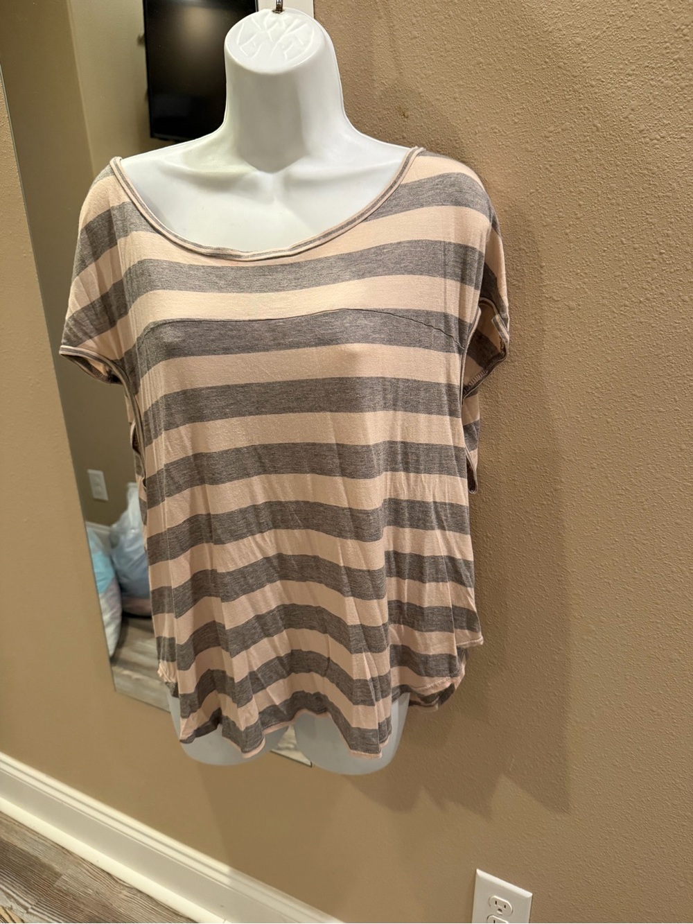 Lush Beige and Gray Striped Short Sleeve Top